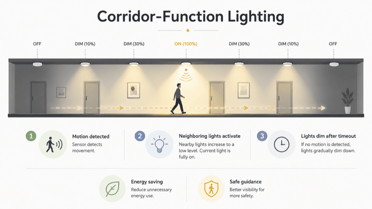 Corridor function in cross-section: luminaires stepping from off through dimmed to 100% around a walking person, with the stages motion detected, neighbouring lights activate, and lights dim after timeout.