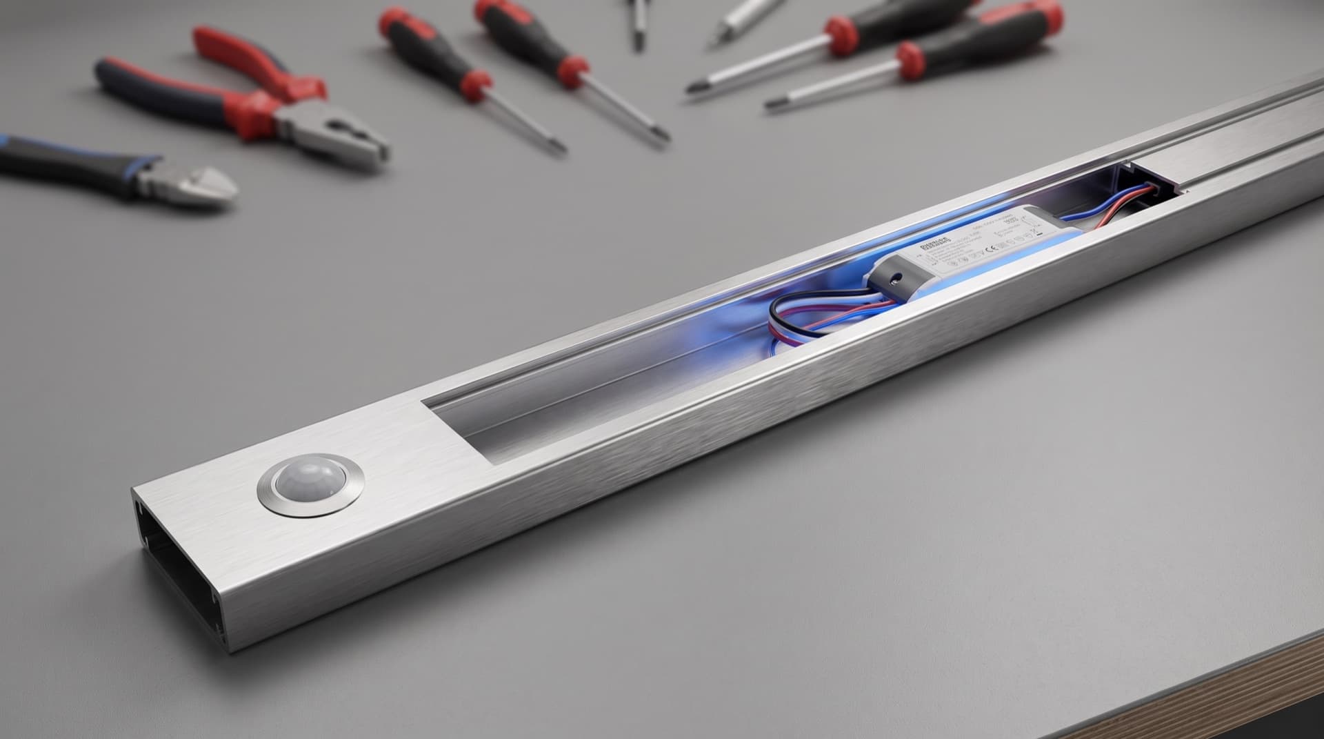Ein modularer Baukasten für smarte Leuchten — eine CUPOWER SKY Bluetooth-Antenne und ein SHARKWARD PIR-Sensor in 20-mm-Löchern auf einer Metallleuchte, der Treiber im Gehäuse verborgen