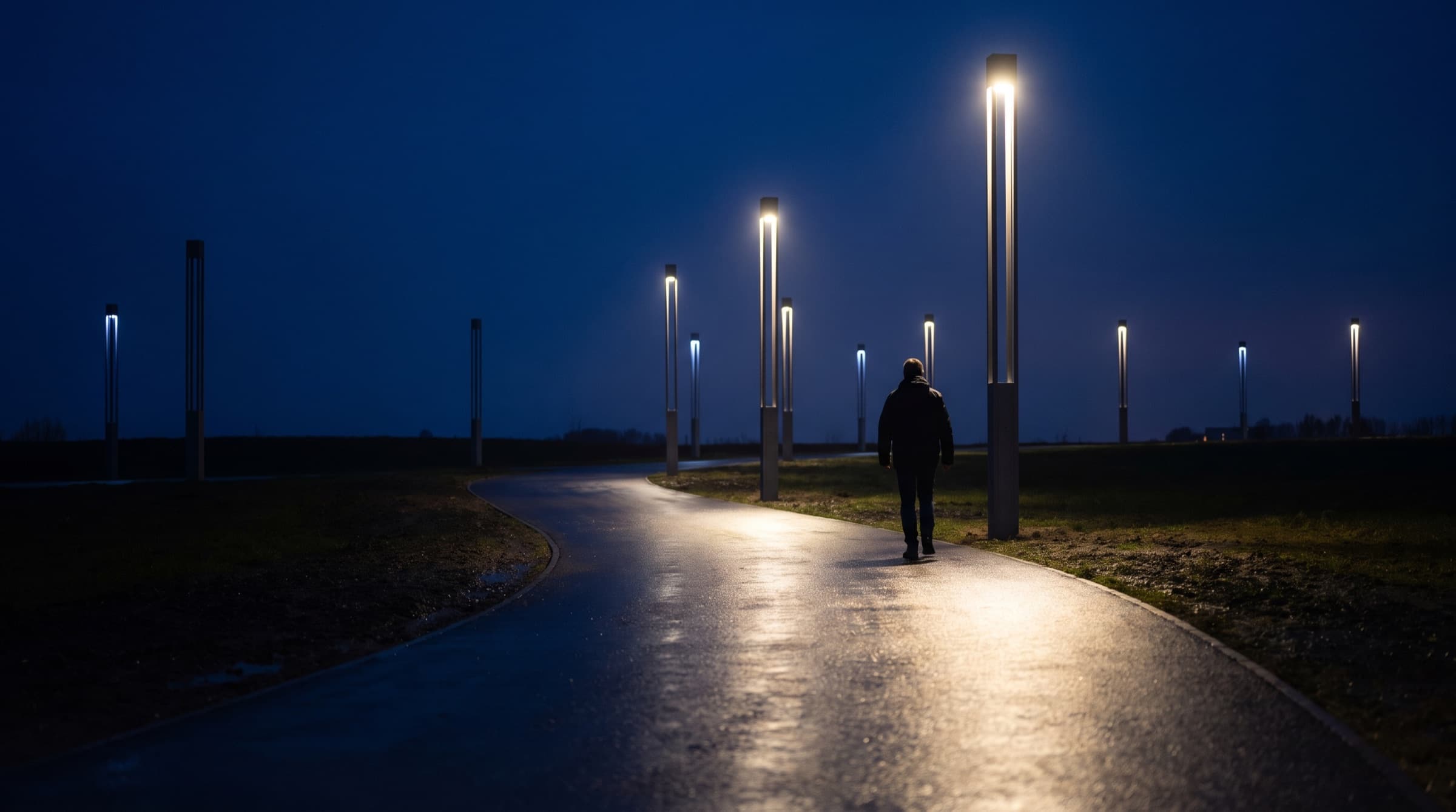 Außenweg mit Mastleuchten bei Nacht — die Leuchten werden um einen herannahenden Fußgänger heller und dimmen dahinter ab, während der übrige Weg im Ruhezustand bleibt