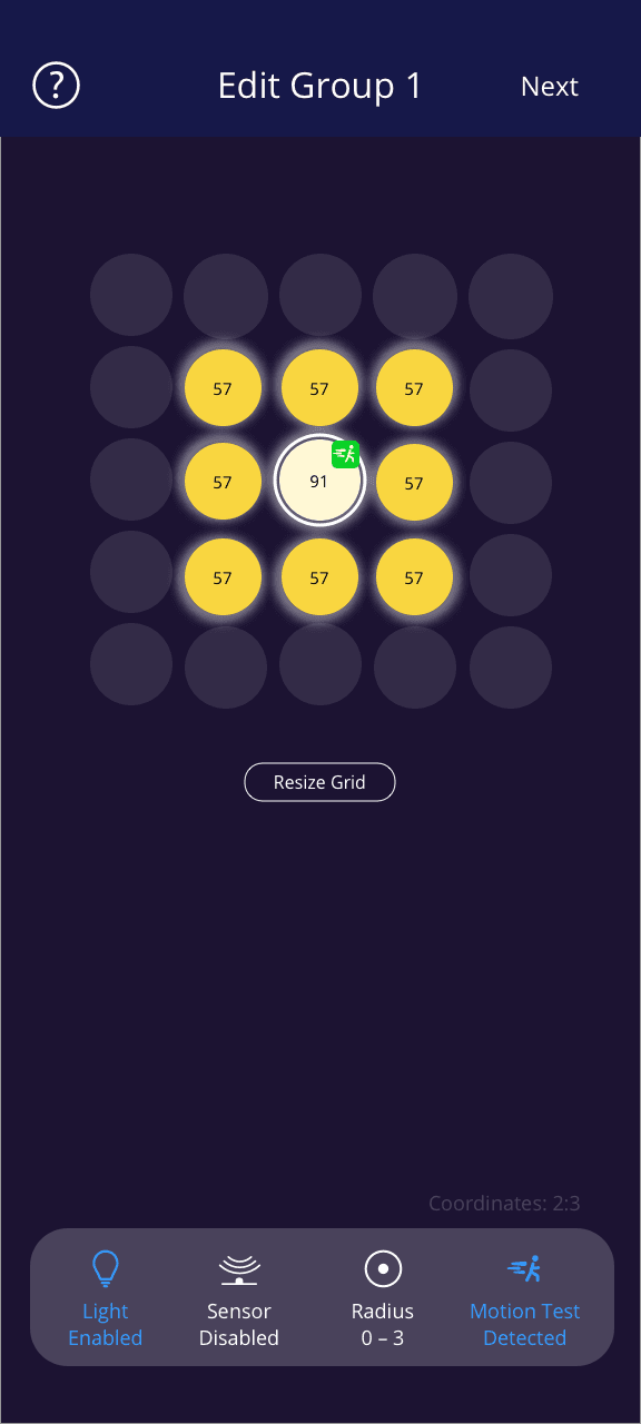 MESHLE App: a central sensor activated with surrounding lights showing brightness values across the gradient