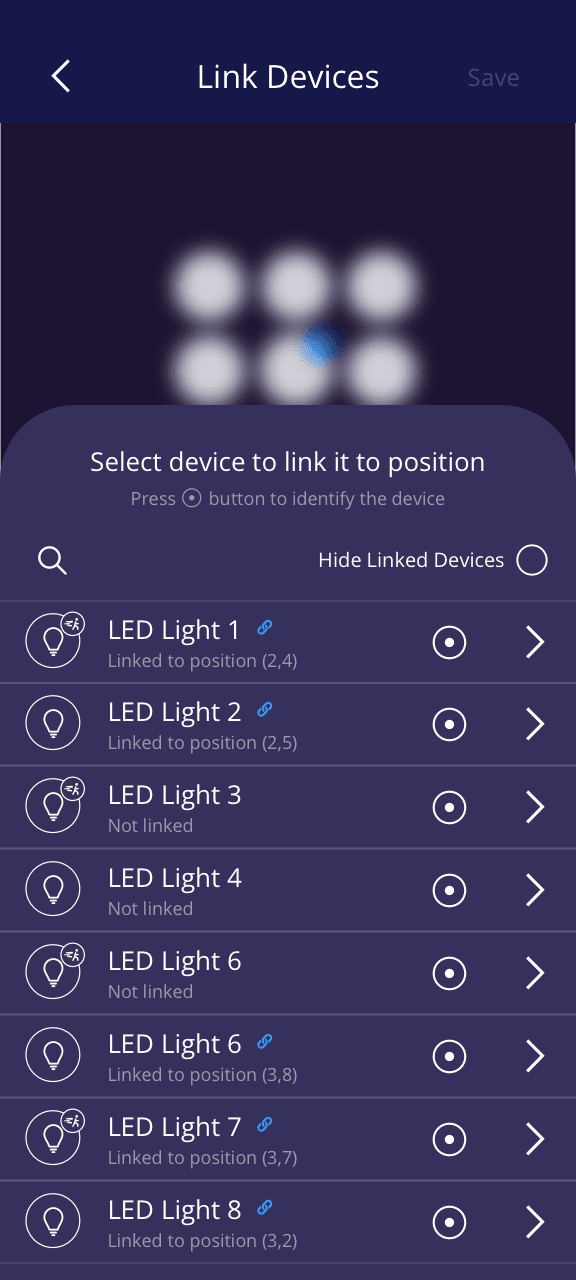 MESHLE App: device pairing via the blink-to-identify workflow