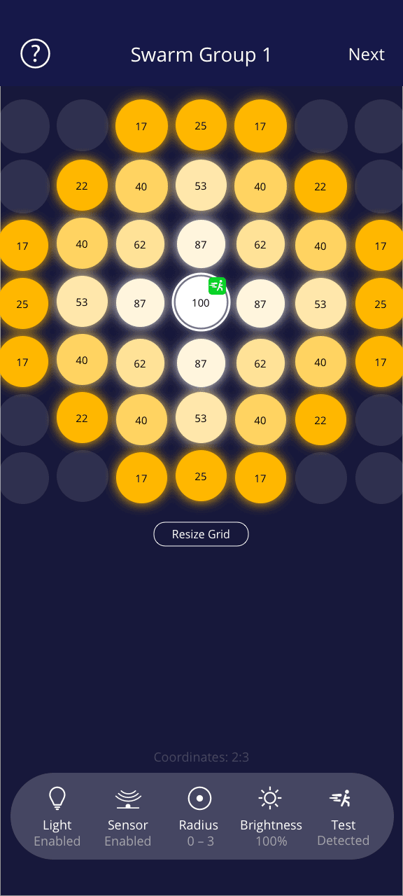 MESHLE App Swarm Group: one sensor at 100% and surrounding lights fading down through several rings