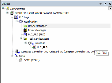 CODESYS Kontextmenü, das über Add Object auf Application einen WAGO BACnet™ Manager hinzufügt