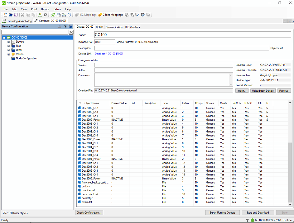 BACnet™ Configurator Tab Configure beim Anlegen von Analog Value und Binary Value Objekten auf der CC100