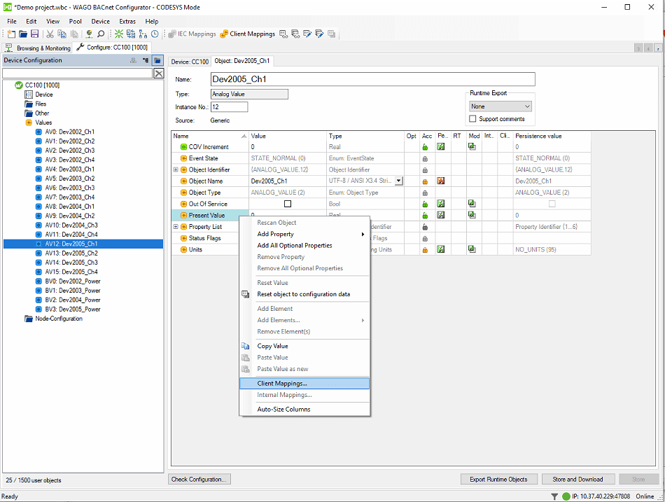 Rechtsklick auf Present_Value eines lokalen CC100 Objekts zum Öffnen von Client Mappings im BACnet™ Configurator