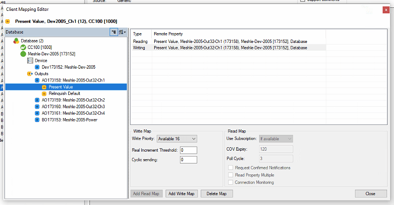 Client Mapping Editor mit den Schaltflächen Add Read Map und Add Write Map sowie der Einstellung Poll Cycle