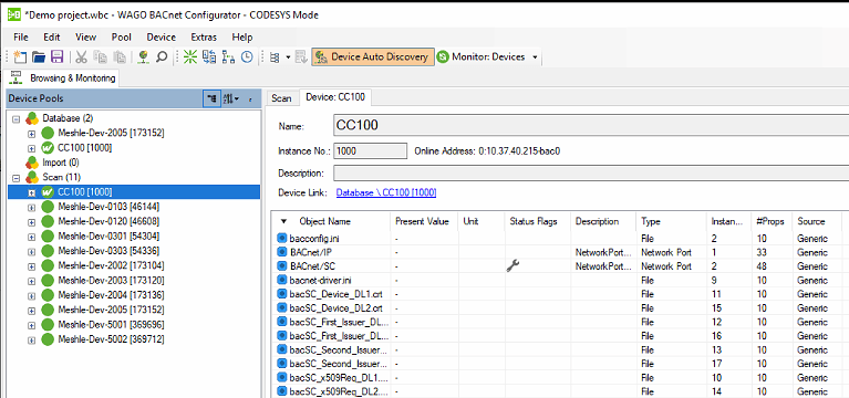 BACnet™ Configurator Tab Browsing & Monitoring mit CC100 und MESHLE Geräten im Scan pool und Database pool