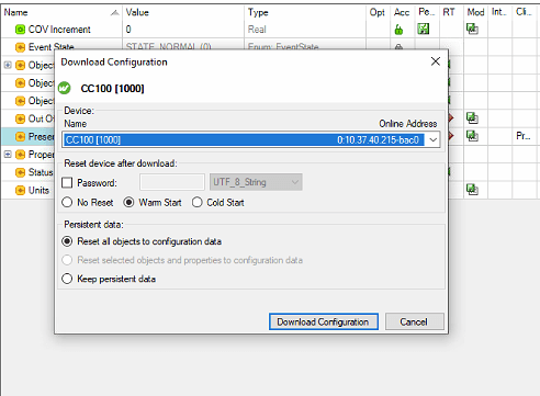 BACnet™ Configurator Tab IEC Variables mit der Schaltfläche Store and Download zur Übertragung der Konfiguration auf die CC100