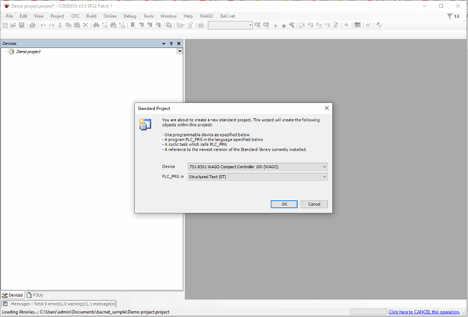 CODESYS New Project Dialog mit der WAGO CC100 (751-9301) als ausgewähltem Zielgerät
