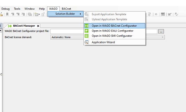 CODESYS WAGO Menü, das über Solution Builder den WAGO BACnet™ Configurator öffnet