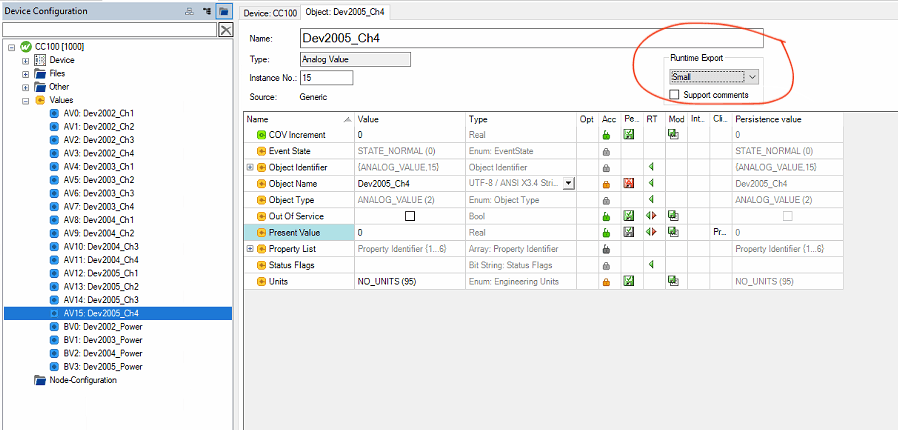 Setzen von Runtime Export auf Small für ein BACnet™-Objekt im Eigenschaftenbereich des Configurator