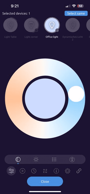 MESHLE App Tunable-White-Ansicht — ein CCT-Rad regelt eine modulare Leuchte von Warm- auf Kaltweiß für Human Centric Lighting