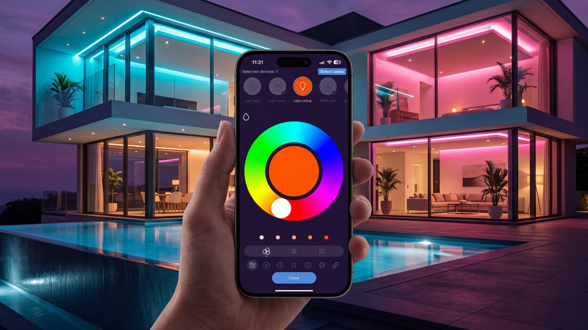 Wohnraum mit farbigem Akzentlicht, gesteuert über die MESHLE App auf einem Smartphone