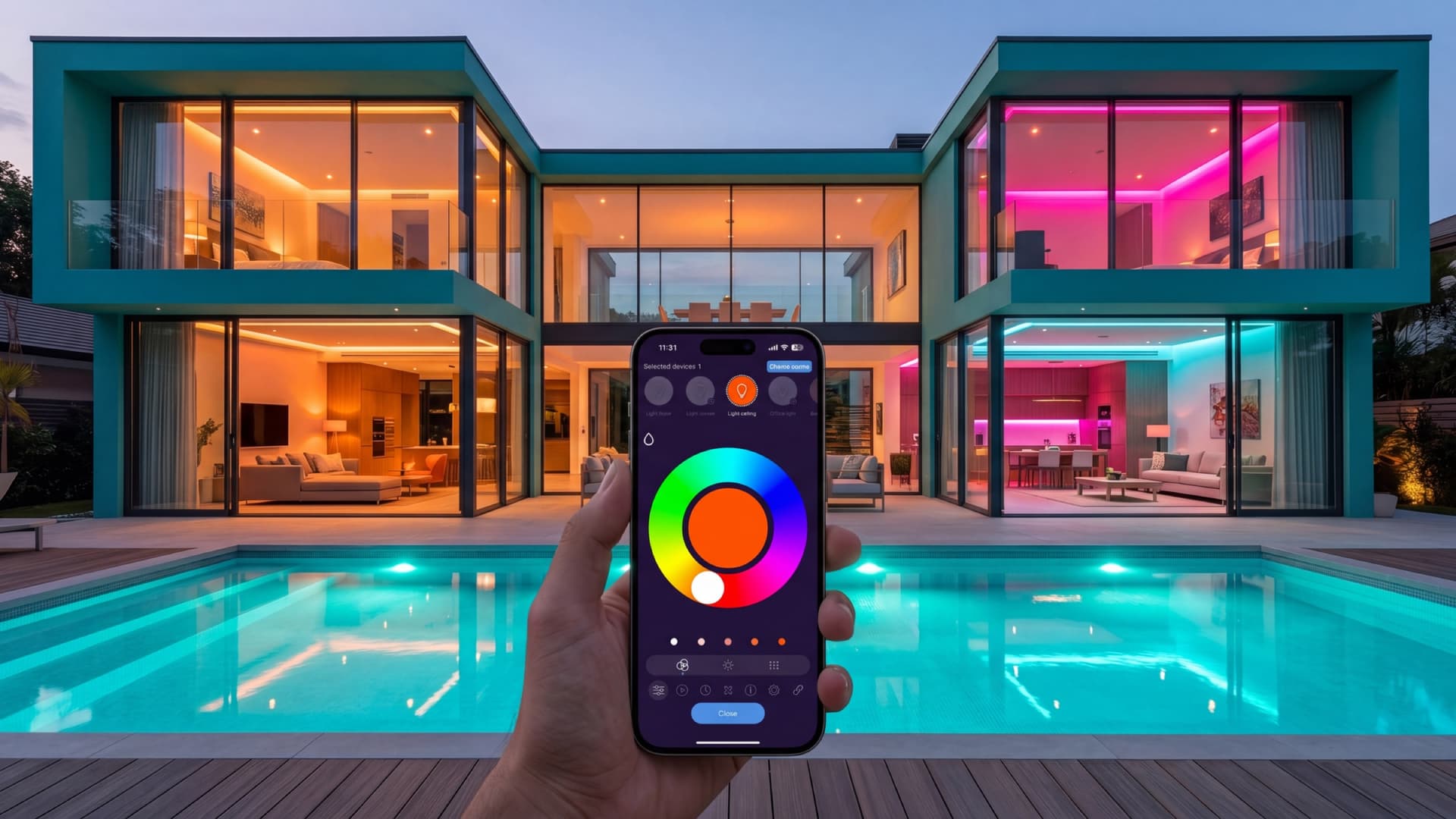 Living room with colored accent lighting and tunable white downlights controlled by the MESHLE App on a smartphone