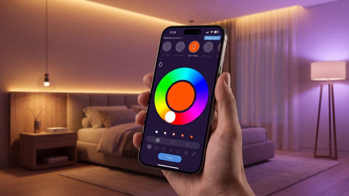 MESHLE App showing five independent channel sliders for red, green, blue, warm white, and cool white