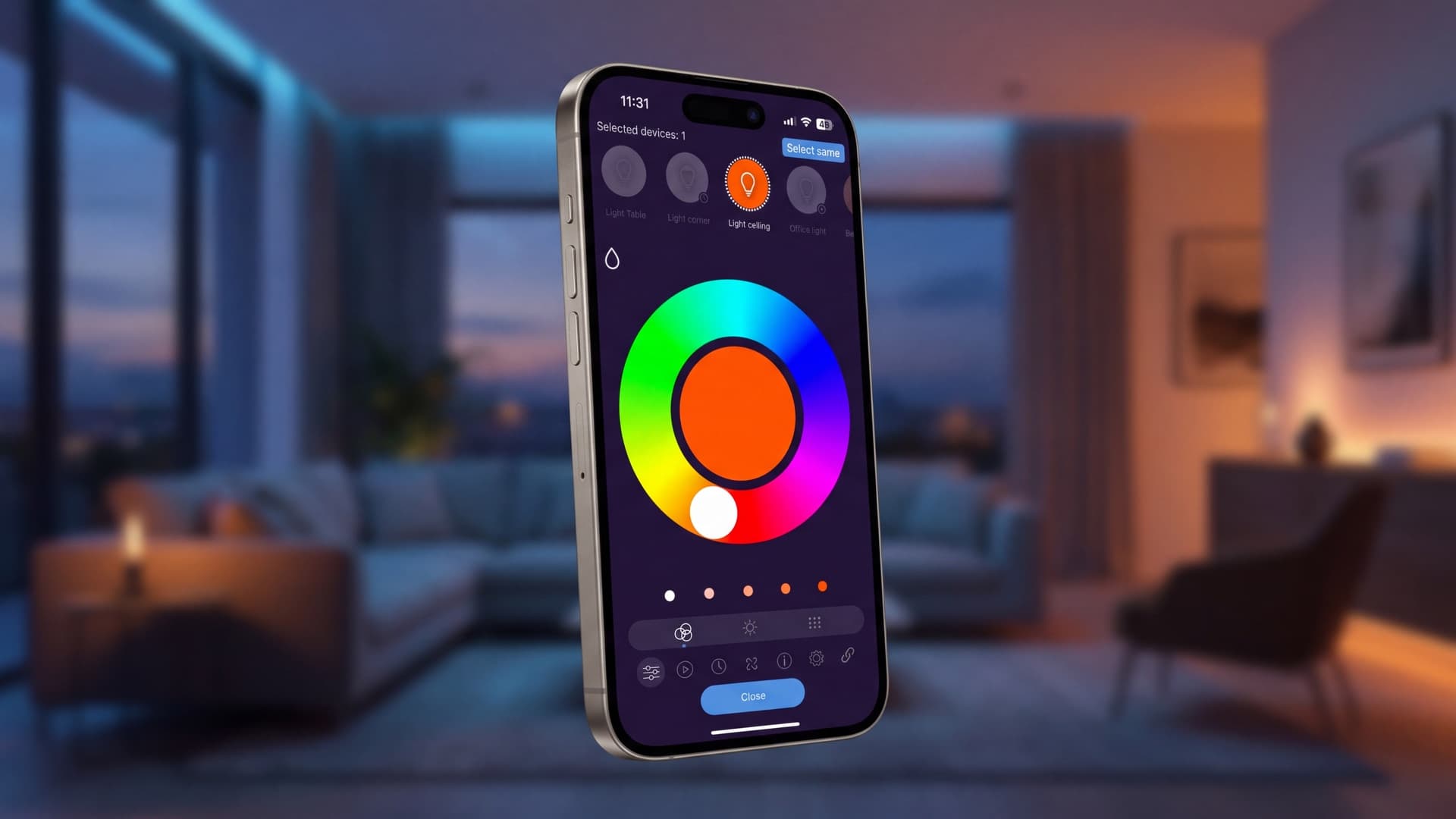 Wohnraum mit warmem Akzentlicht, gesteuert über die MESHLE App auf einem Smartphone