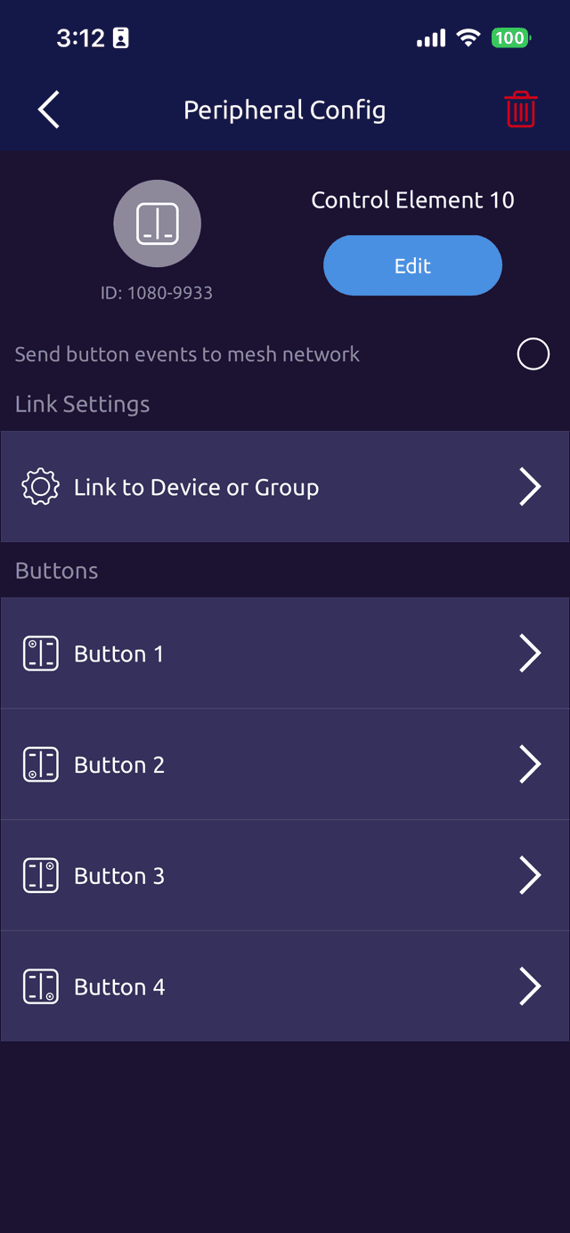 The MESHLE App Peripheral Config screen for a kinetic switch, with the link-to-device-or-group setting above a list of the switch's buttons