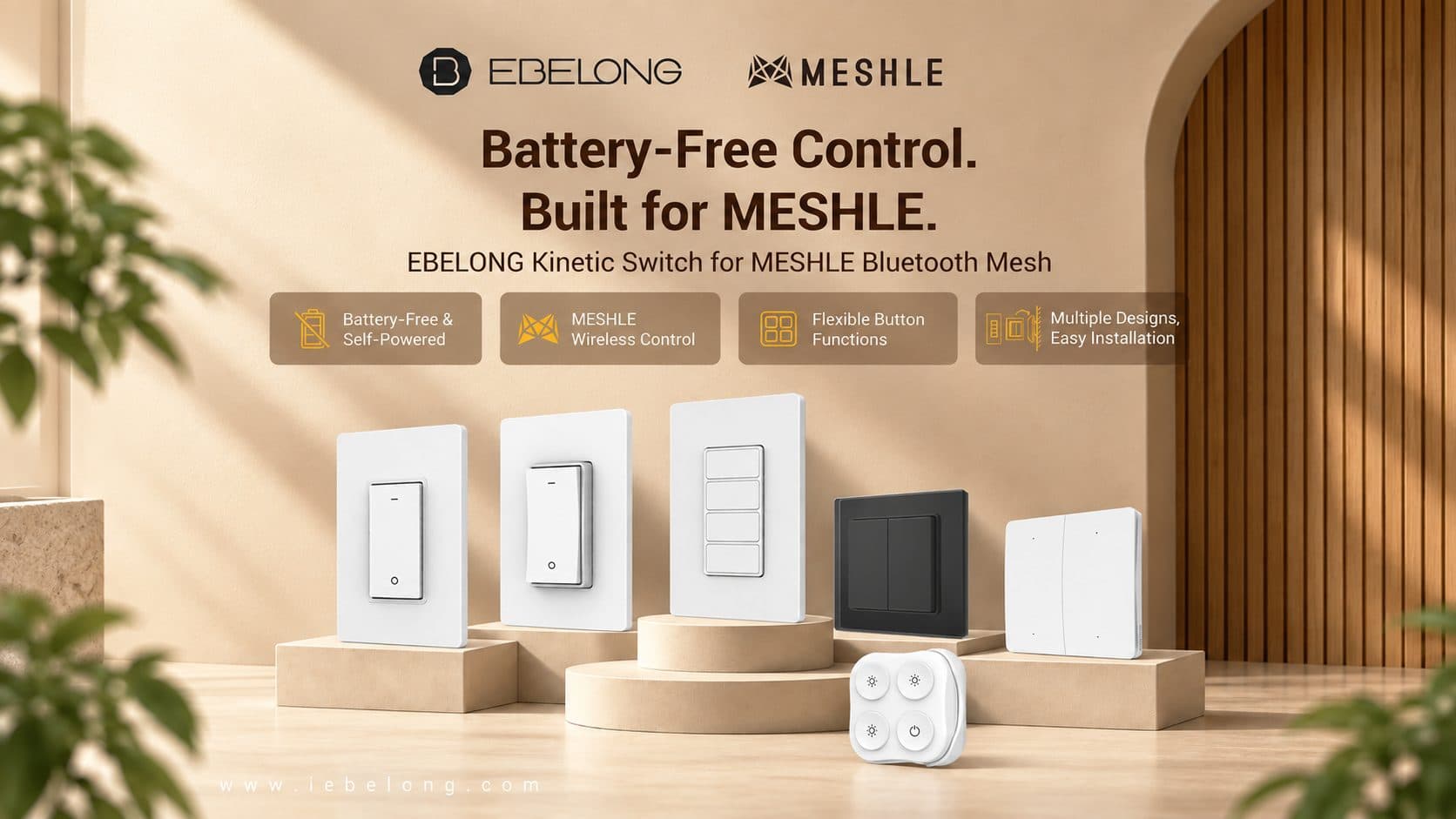 EBELONG kinetic switches for MESHLE Bluetooth Mesh: US-style single-gang plates with and without frame, a US-style four-button plate, EU-style two-gang plates in black and white, and a four-button handheld remote