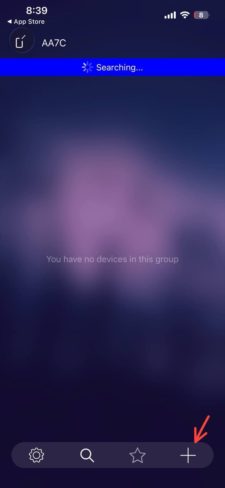 Gruppen-Screen „AA7C“ der MESHLE App mit dem Hinweis „You have no devices in this group“ und einer unteren Leiste mit Einstellungen, Suche, Favoriten und Plus-Symbol.