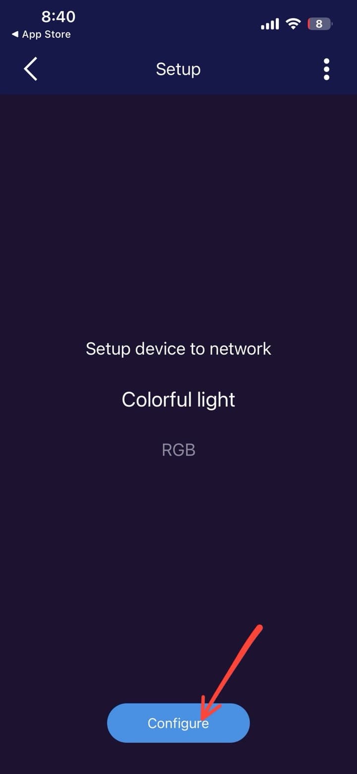 Setup-Screen der MESHLE App mit „Setup device to network / Colorful light / RGB“ und einer blauen Schaltfläche „Configure“.