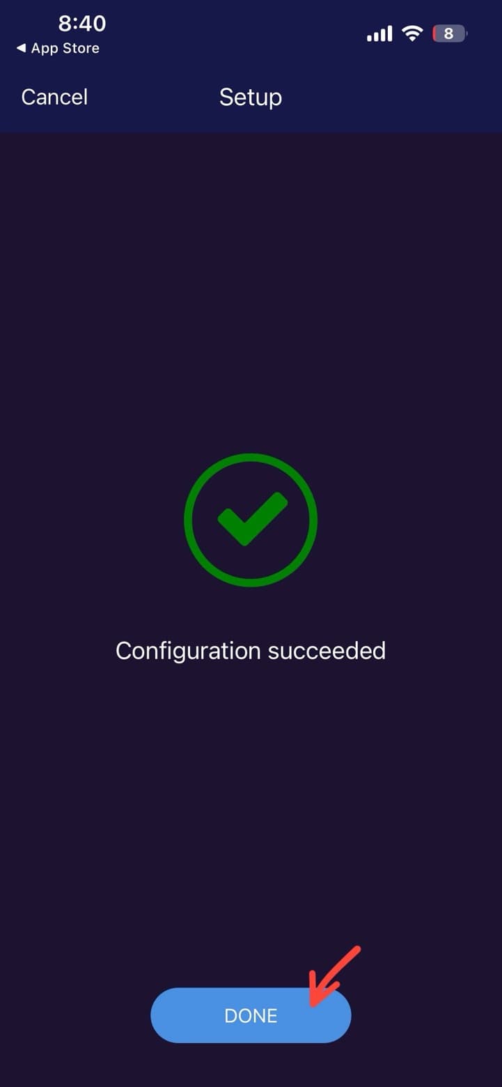 Setup-Screen der MESHLE App mit großem grünem Häkchen, der Meldung „Configuration succeeded“ und einer Schaltfläche „DONE“.