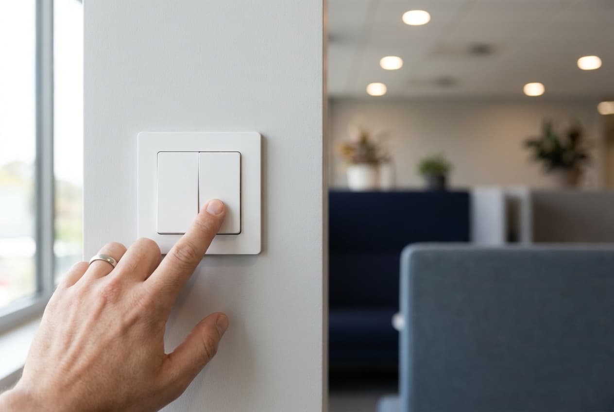A hand pressing a minimal white kinetic wall switch in a modern office, mounted next to a meeting room