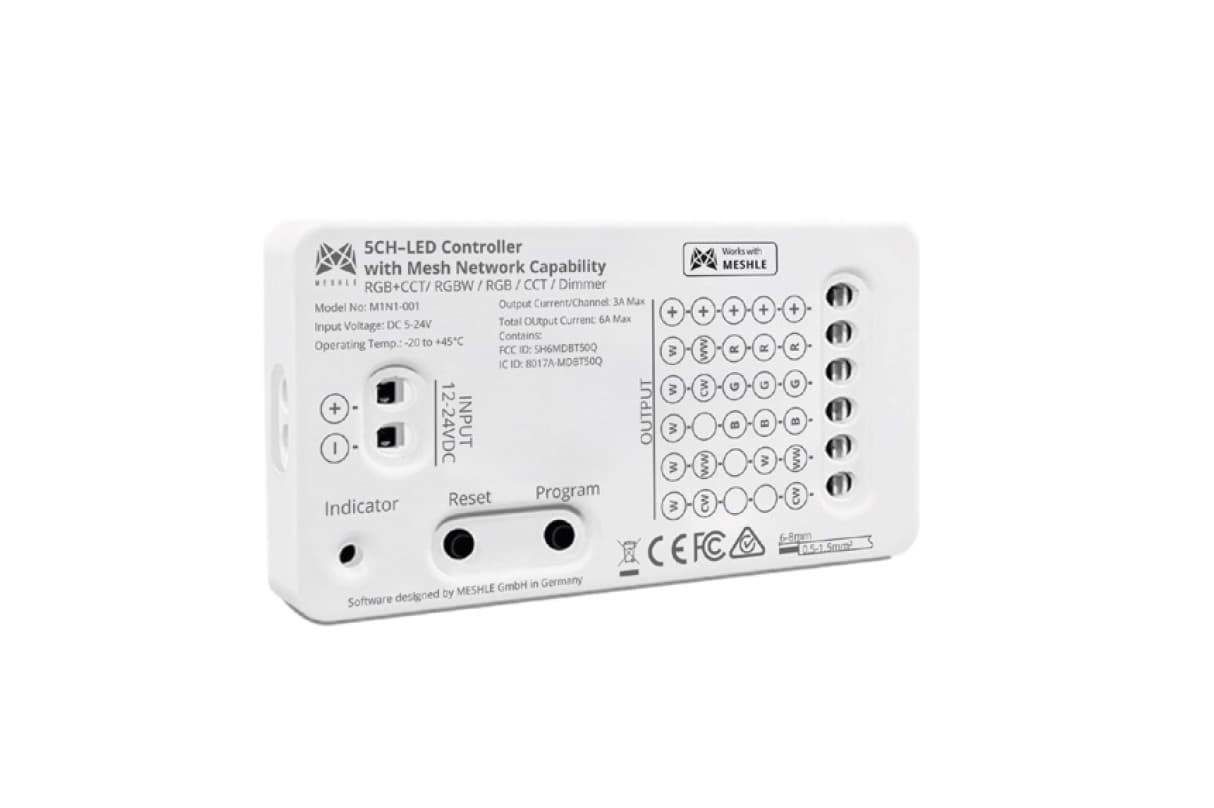 MESHLE flex MINI — compact 5-channel Bluetooth Mesh LED controller for RGBCCT, RGBW, RGB, CCT, and single-color strip