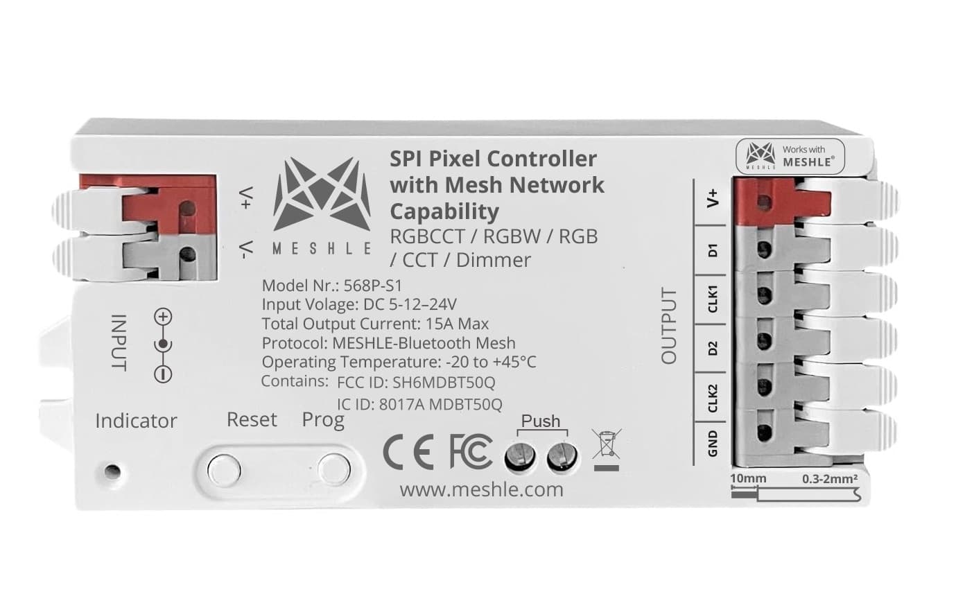 MESHLE SPI LED Controller (568P-6) — addressable Bluetooth Mesh pixel LED controller for single-color, CCT, RGB, and RGBCCT digital strip