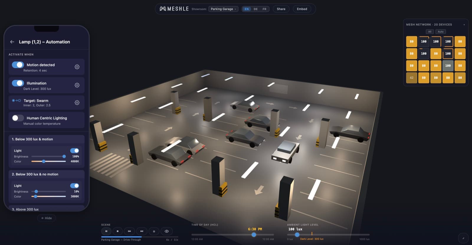 Parking deck where MESHLE Swarm lighting follows vehicles and people along the drive lane