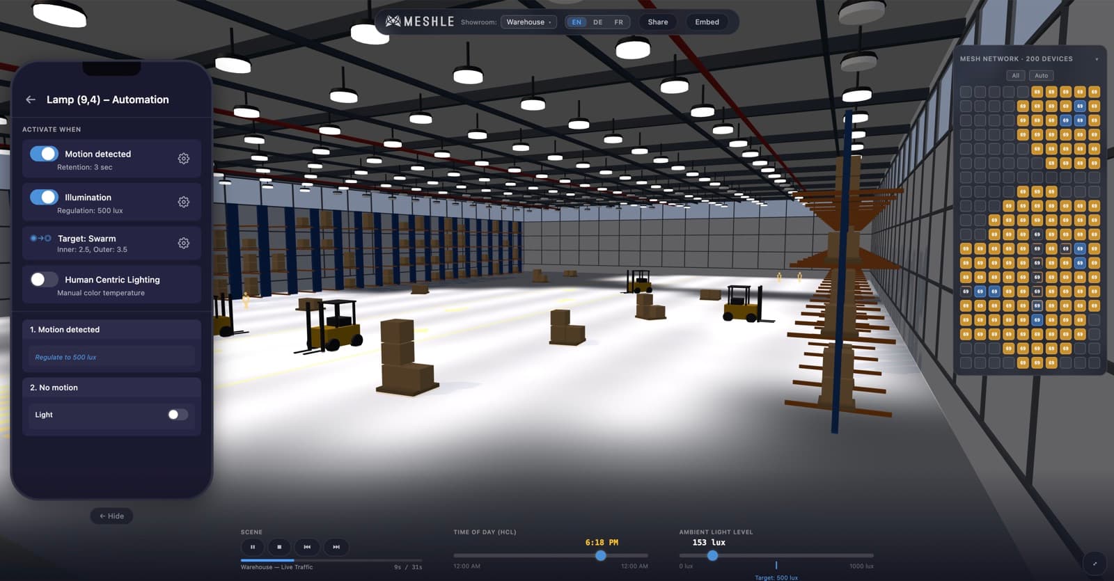 High-bay logistics warehouse with MESHLE motion-based aisle lighting and daylight regulation