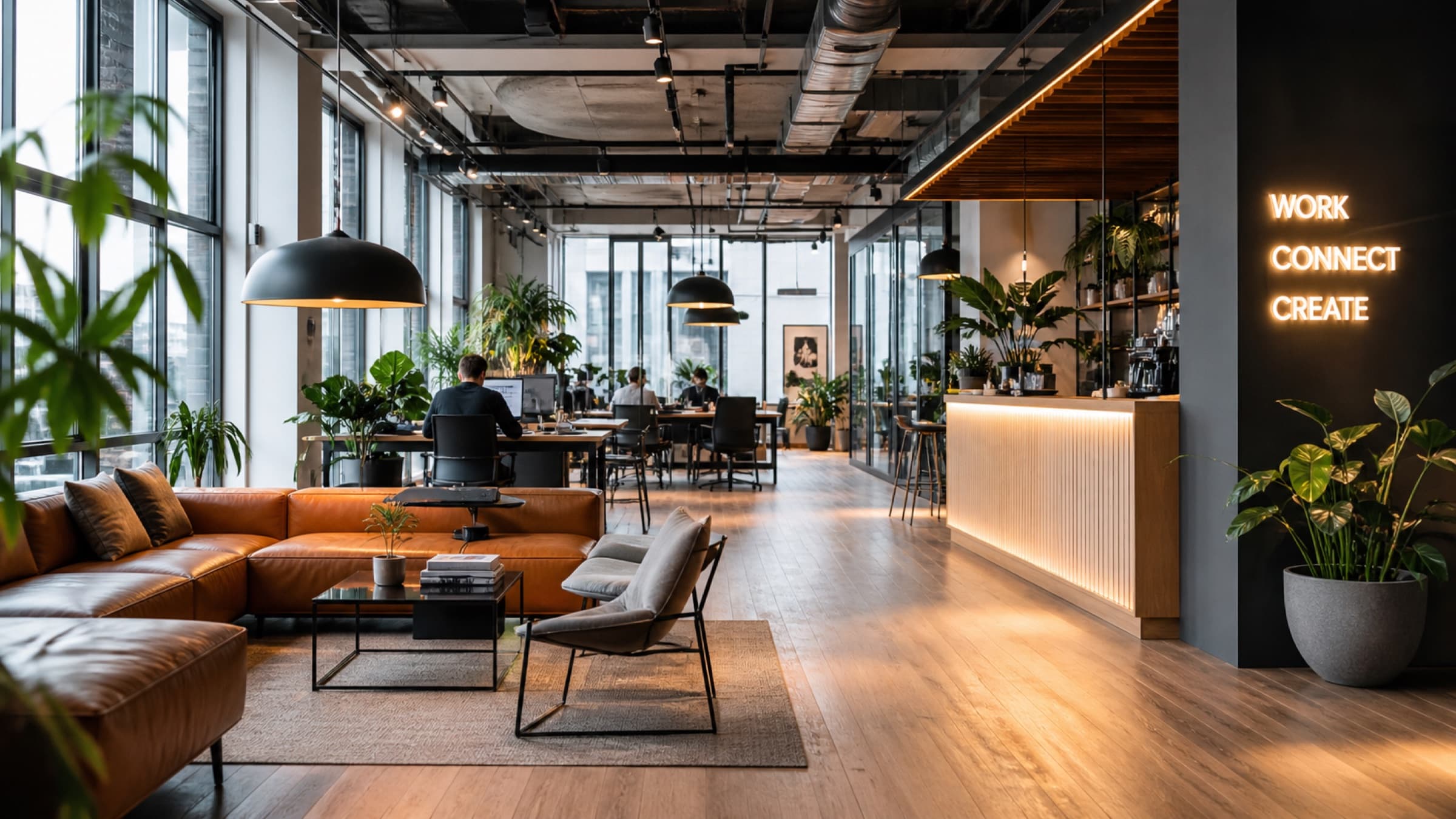 Moderner Co-Working Space mit Hot Desks, Meeting-Räumen und Phone Booths in einem MESHLE Bluetooth Mesh