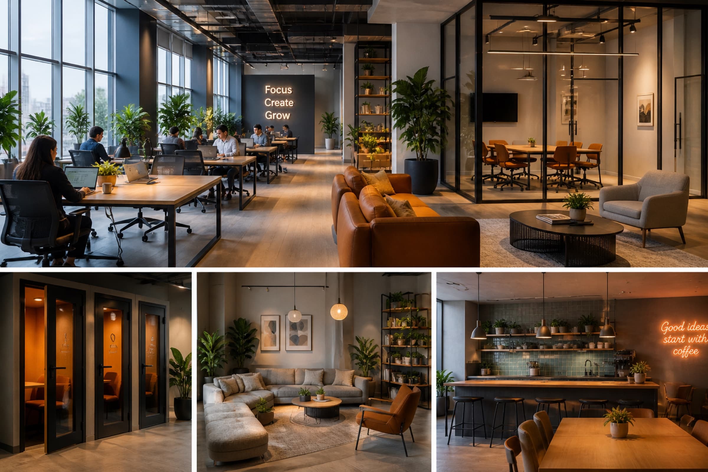 Co-Working-Grundriss mit Hot Desks, Meeting-Räumen, Phone Booths, Lounges und Café auf einem MESHLE Bluetooth Mesh