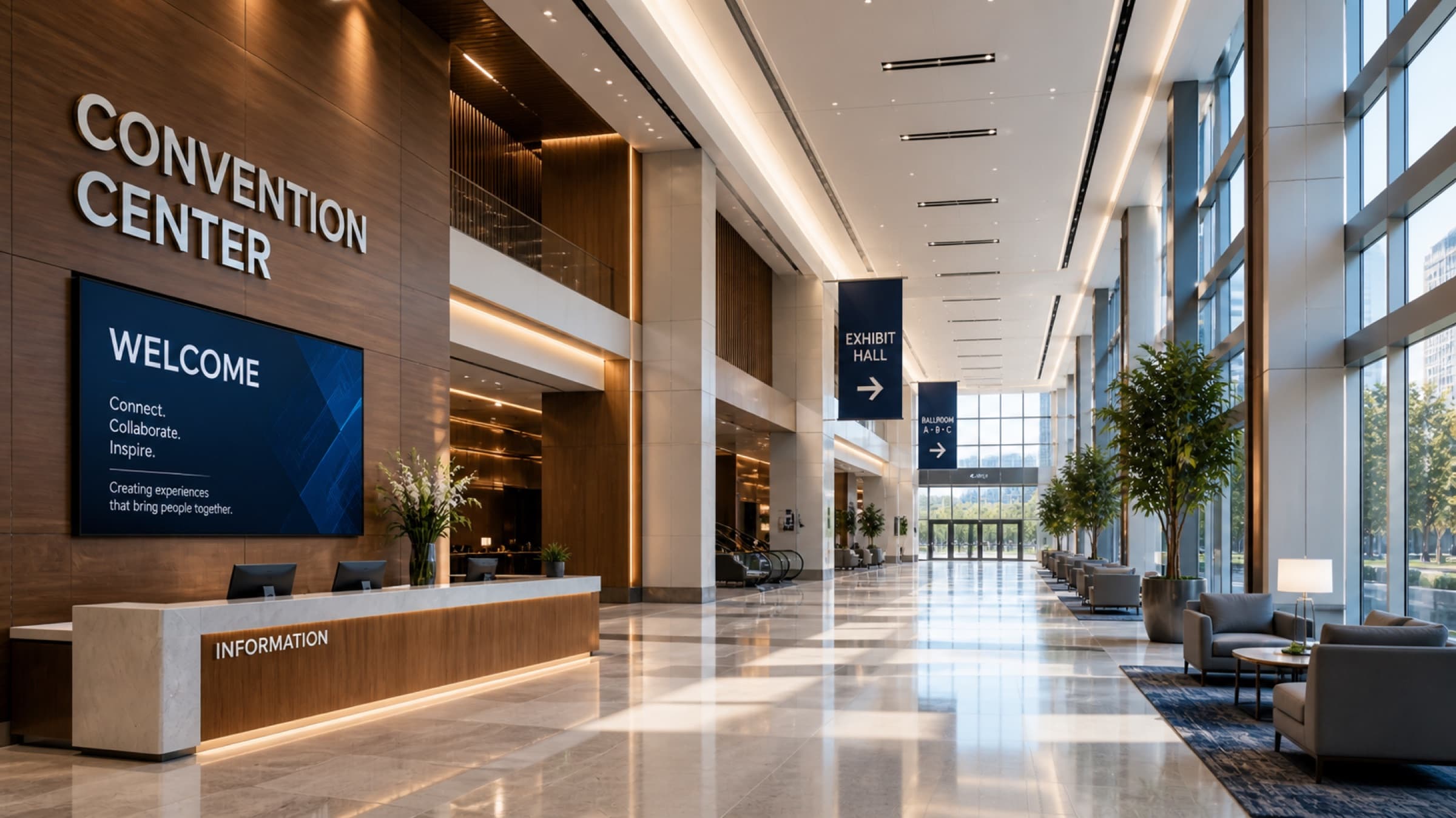 Conference center auditorium, foyer and exhibition hall under one MESHLE Bluetooth Mesh