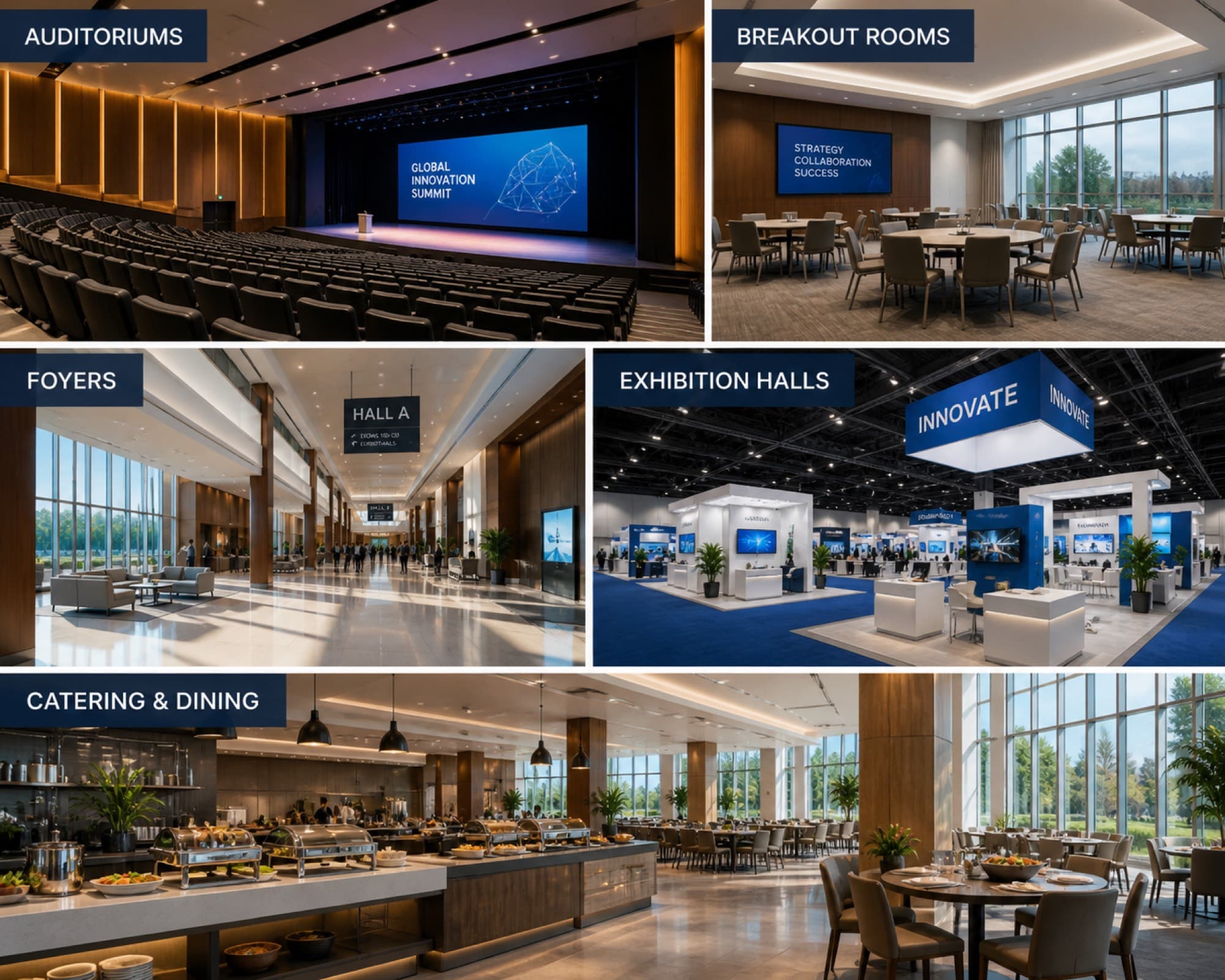 Conference venue plan showing auditoriums, breakout rooms, foyers, exhibition halls and catering on a unified MESHLE Bluetooth Mesh