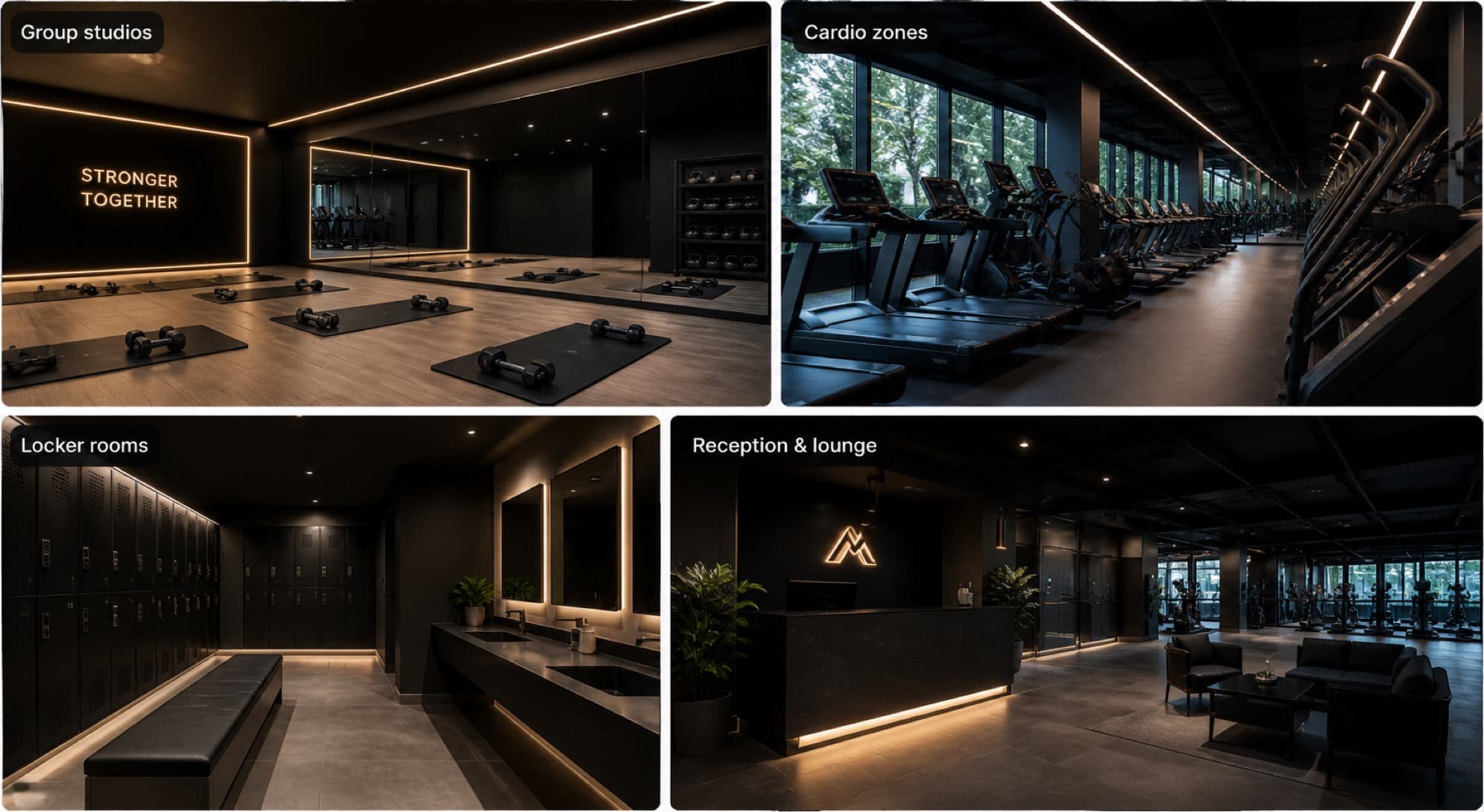 Studio-Plan mit Trainingsfläche, Gruppenräumen, Cardio-Zonen, Umkleiden und Empfang in einem MESHLE Bluetooth Mesh