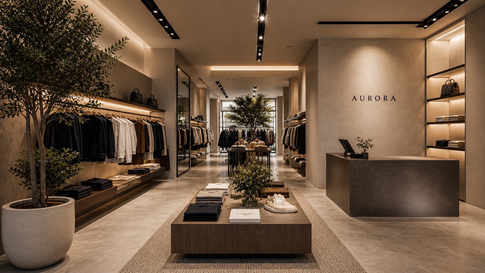 Retail sales floor with bright window-display zone, warm fitting-room corridor, and dimmed stockroom door — all under a single MESHLE Bluetooth Mesh