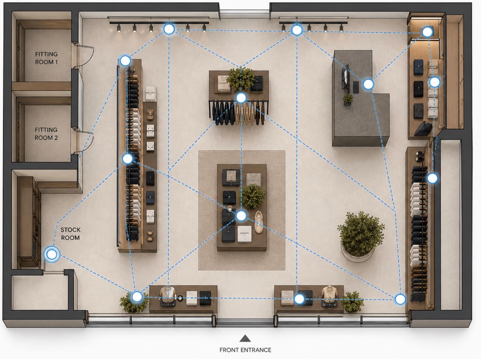 Retail floor plan showing sales floor, window displays, fitting rooms, checkout lanes and stockroom on a unified MESHLE Bluetooth Mesh