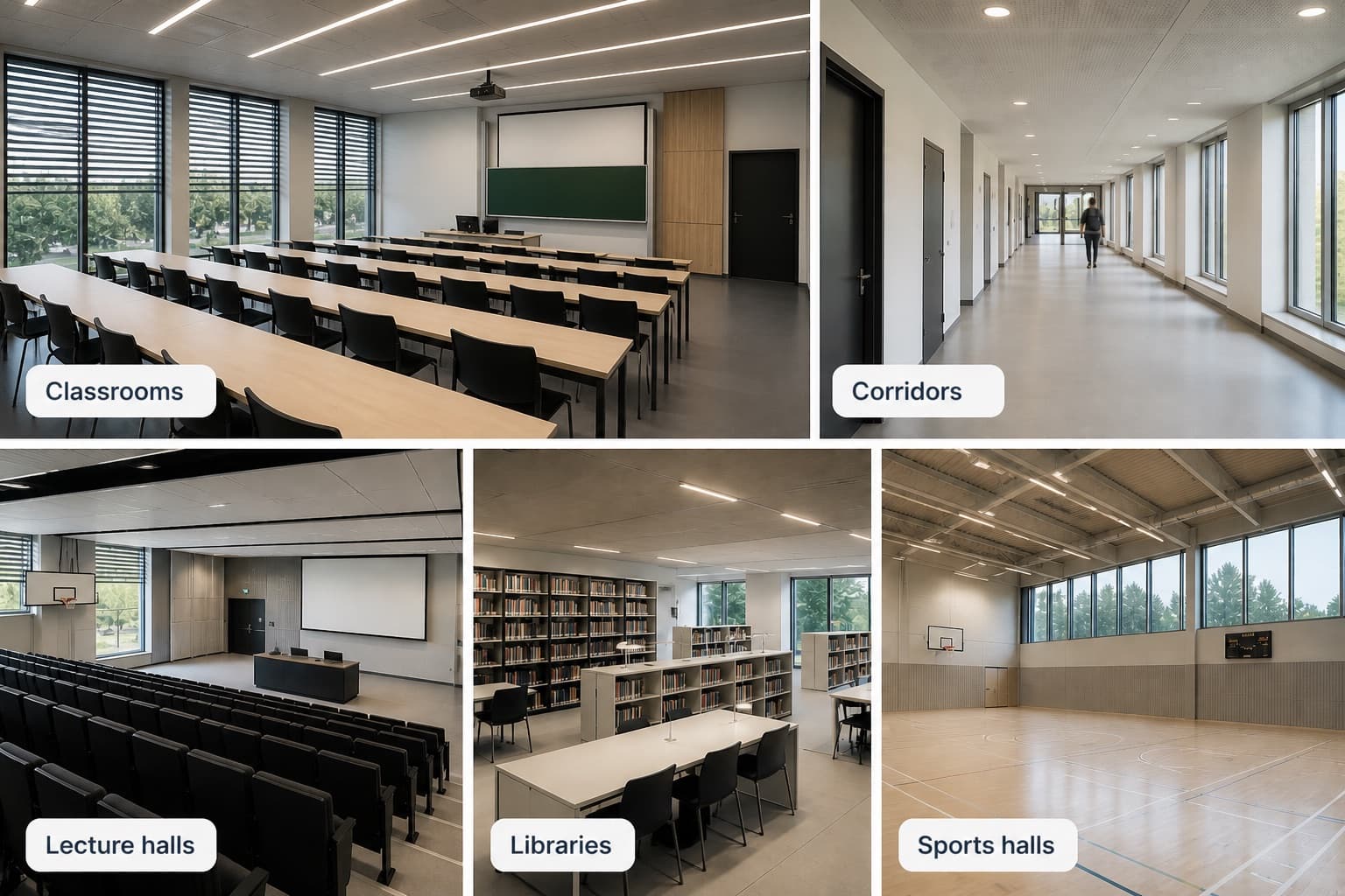 Campus-Grundriss mit Klassenräumen, Hörsälen, Bibliotheken, Fluren und Sporthallen auf einem MESHLE Bluetooth Mesh