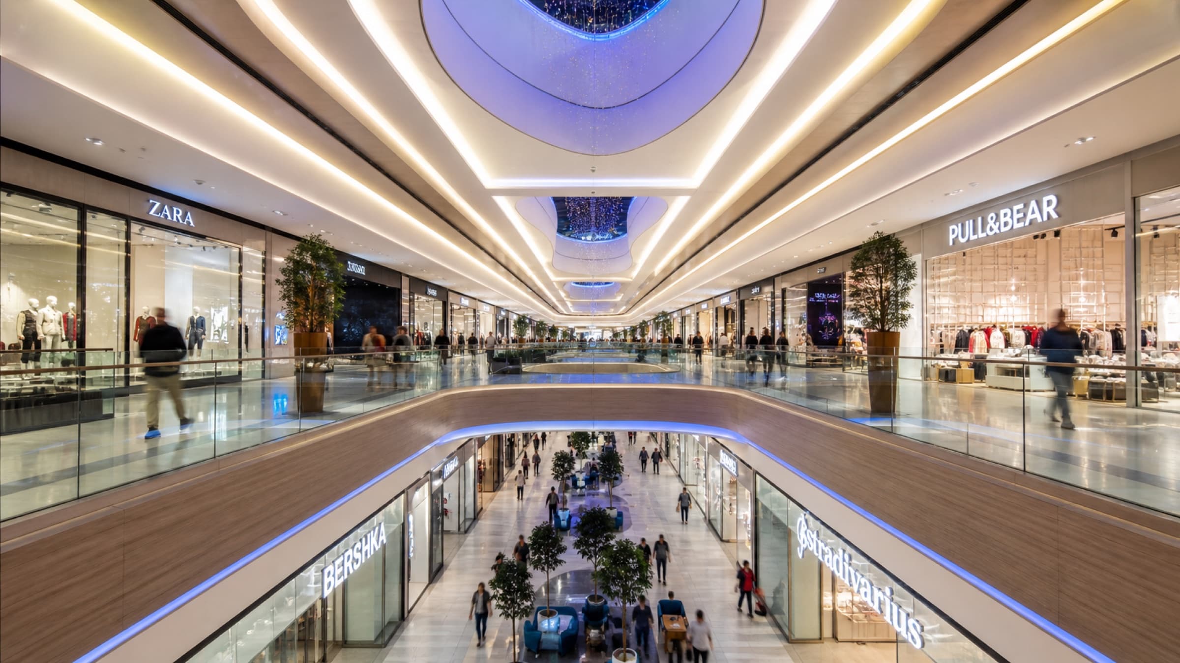 Concourse, Food Court, Atrium, Parkdeck und Mieter-Storefronts eines Shopping Centers in einem MESHLE Bluetooth Mesh