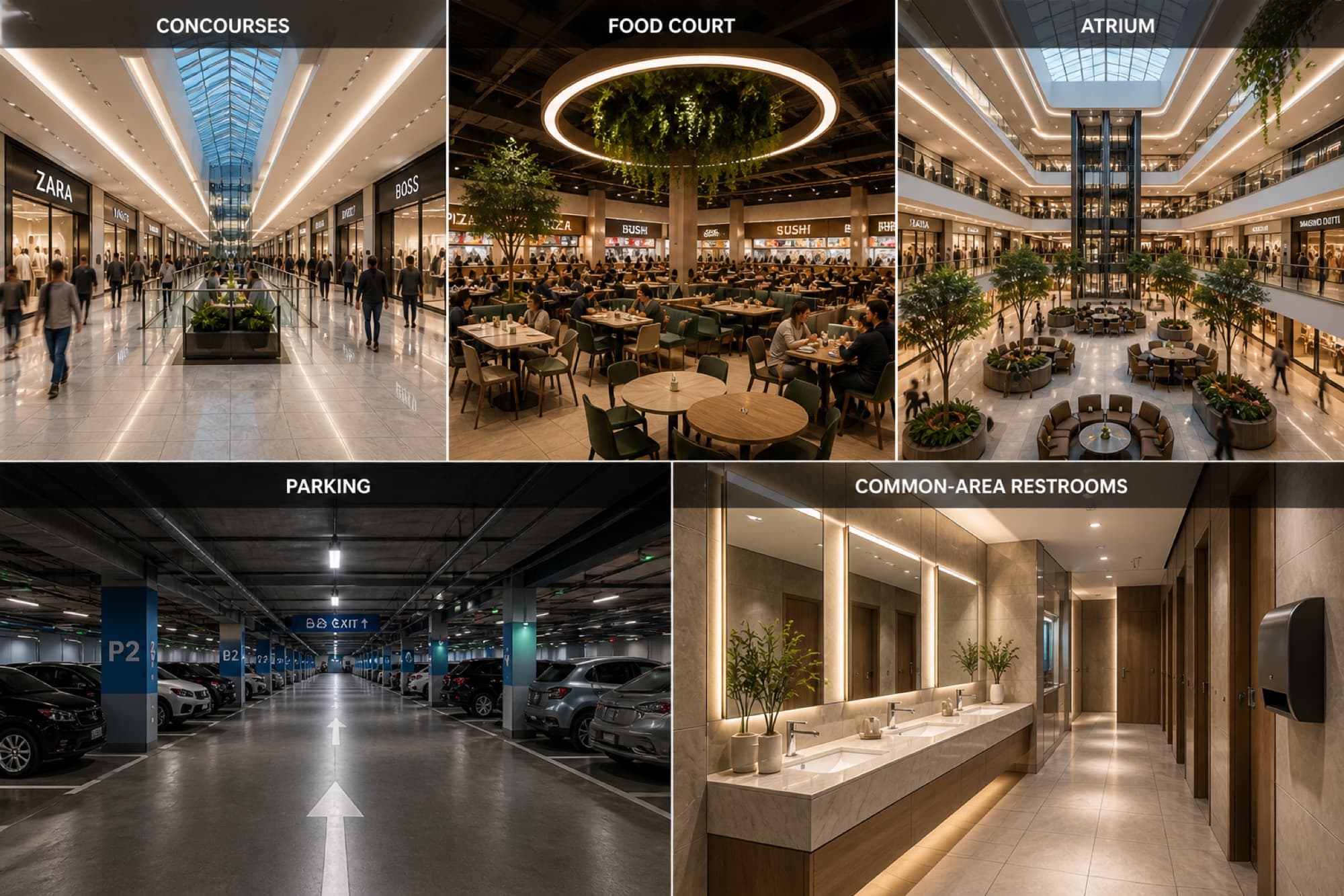Shopping-Center-Plan mit Concourses, Food Court, Atrium, Parkdeck und öffentlichen Sanitärbereichen in einem MESHLE Bluetooth Mesh
