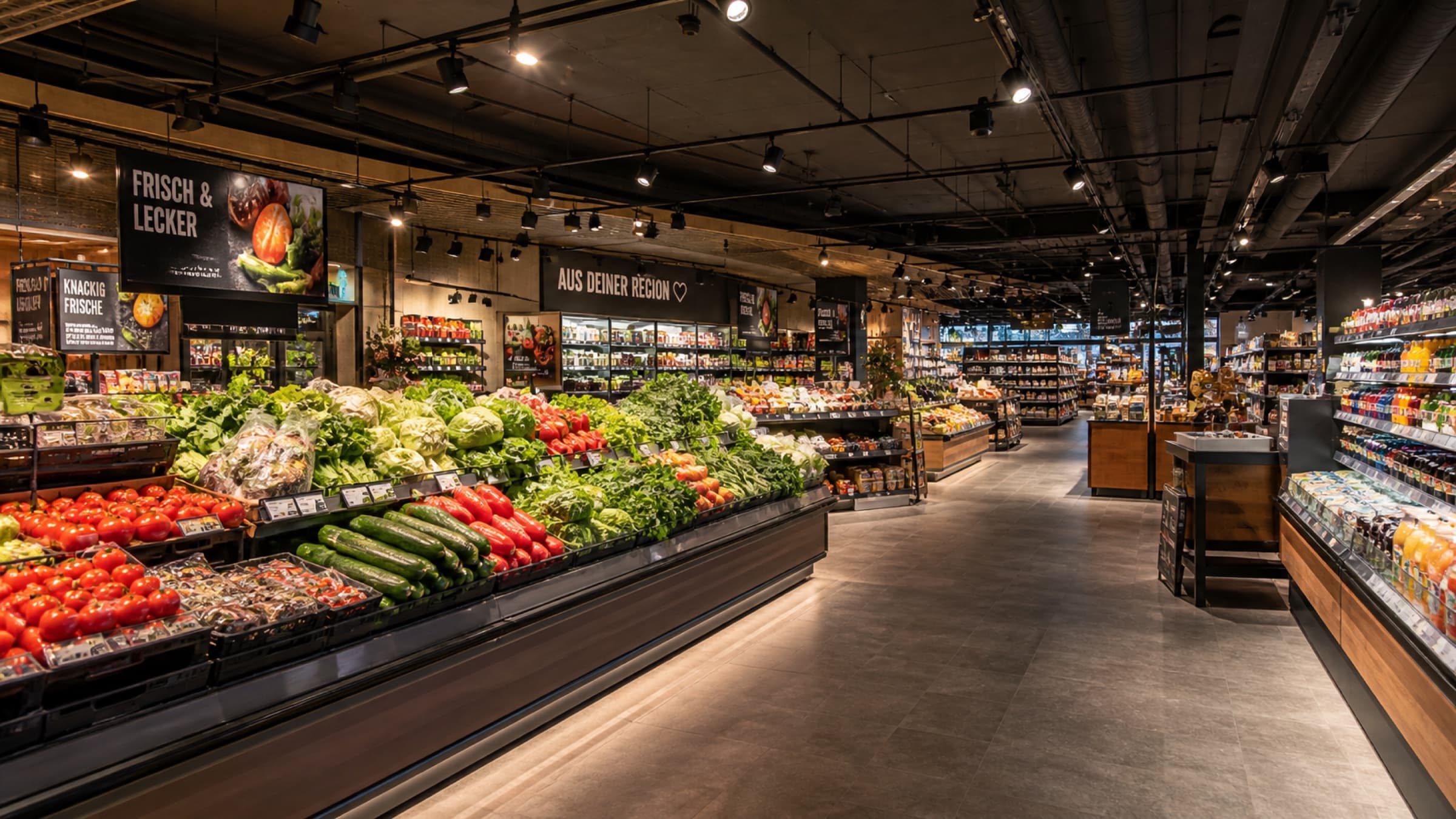 Frischwaren-Halle, Gänge, Kühlregalreihen, Kassenzonen und Back-of-House eines Supermarkts in einem MESHLE Bluetooth Mesh