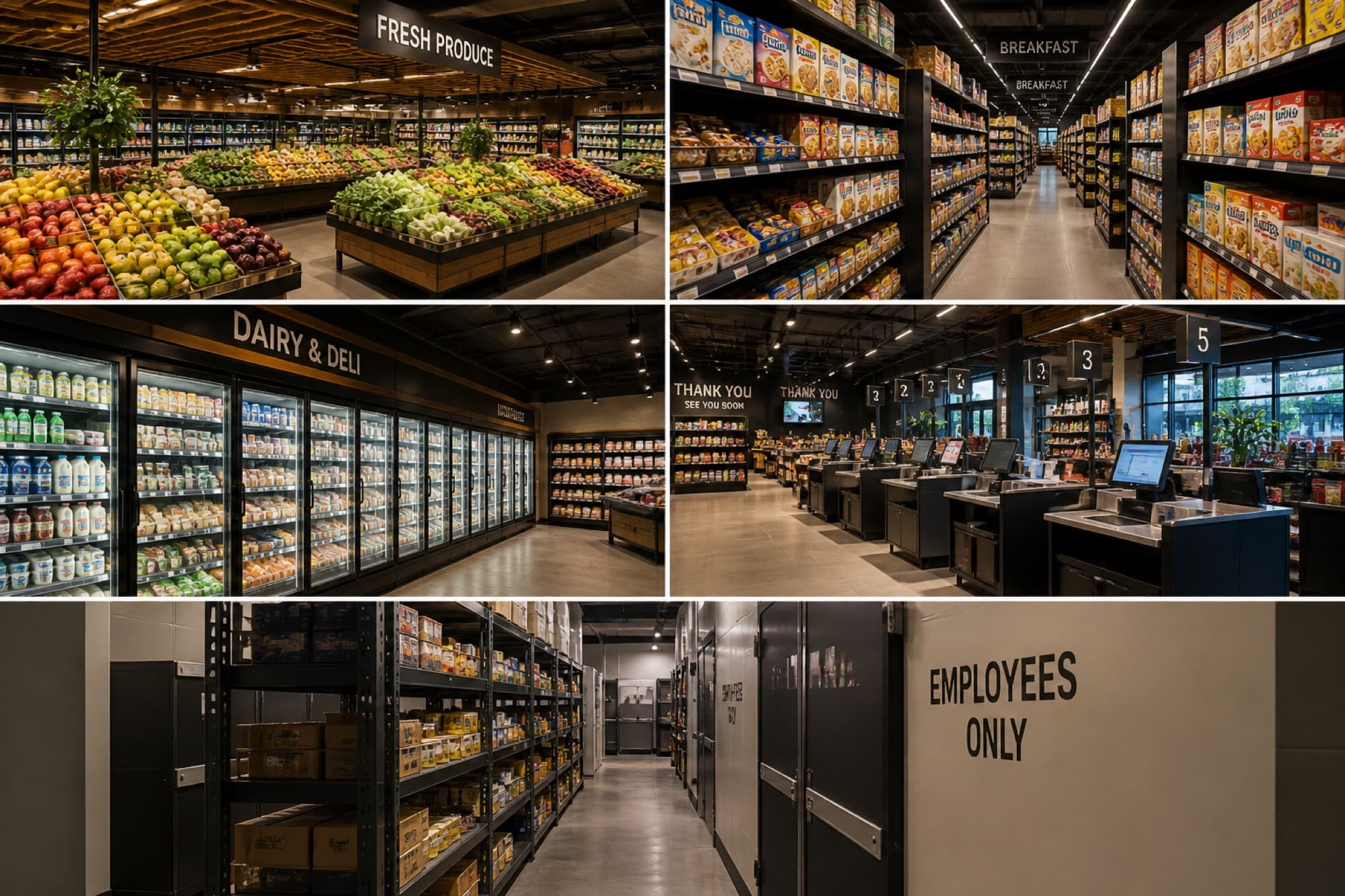 Supermarkt-Plan mit Frischwaren-Halle, Gängen, Kühlregalreihen, Kassenzonen und Back-of-House in einem MESHLE Bluetooth Mesh