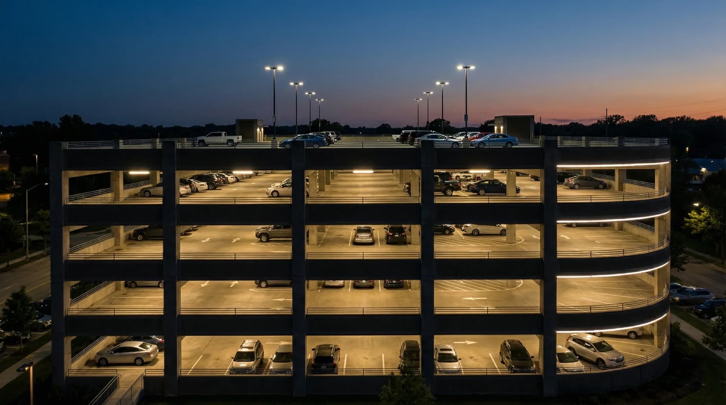 Parking garage with smart outdoor lighting