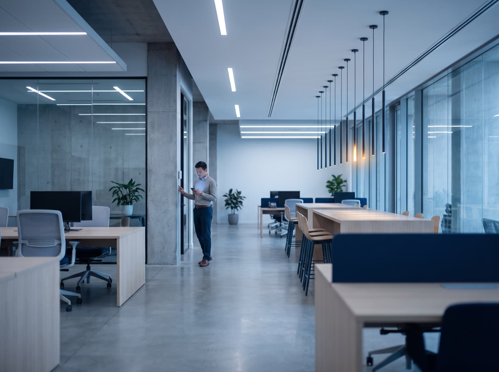MESHLE wireless lighting control system — luminaires, sensors and switches connected in one self-healing Bluetooth Mesh network across a commercial building