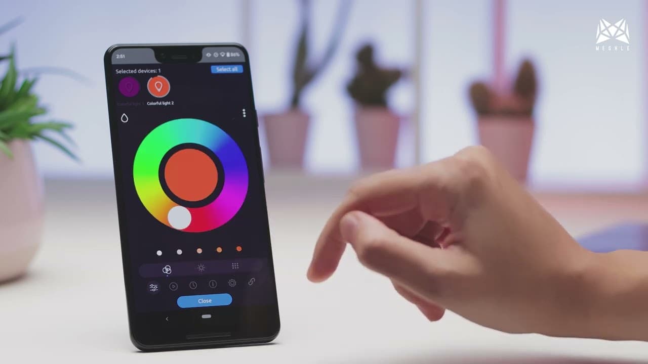 The MESHLE App showing a group of lights configured and saved as a recallable lighting scene