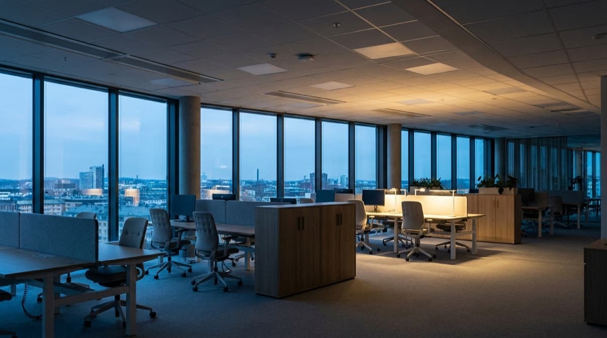 Ein modernes Großraumbüro in der Dämmerung, in dem die meisten LED-Deckenleuchten aus oder gedimmt sind und nur eine belegte Arbeitsplatzzone hell beleuchtet ist — Licht, das nur dort läuft, wo es gebraucht wird.