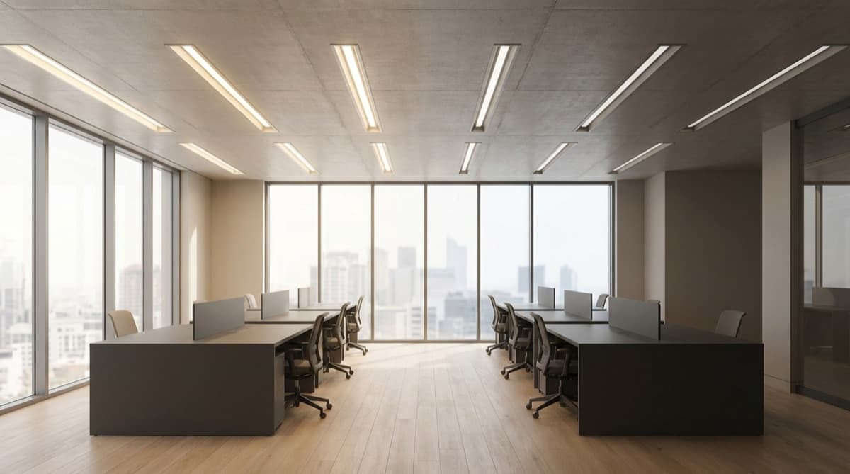 A commercial office ceiling with rows of linear LED luminaires dimmed to different levels, illustrating per-fixture DALI addressing over a single two-wire control bus.
