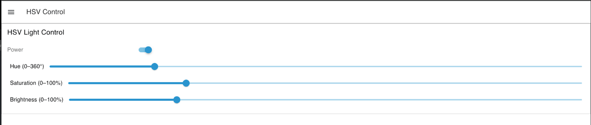 Node-RED HSV Light Control dashboard with a power toggle and hue, saturation, and brightness sliders
