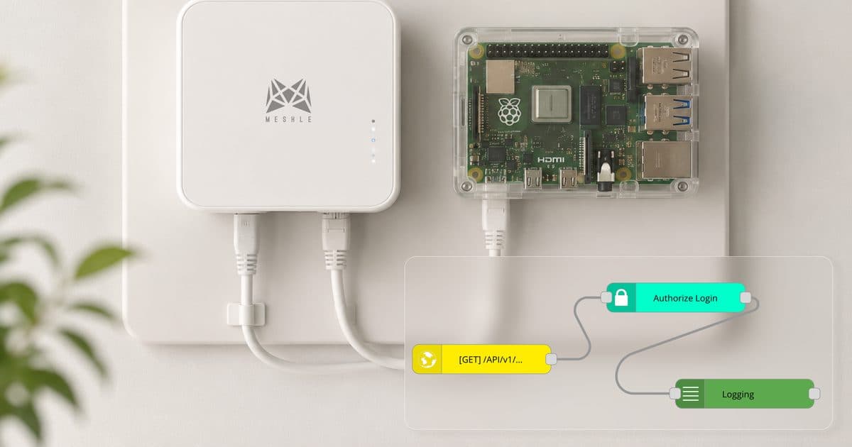 A MESHLE Gateway wired over Ethernet to a Raspberry Pi running Node-RED, with Node-RED flow nodes overlaid for a local MQTT integration
