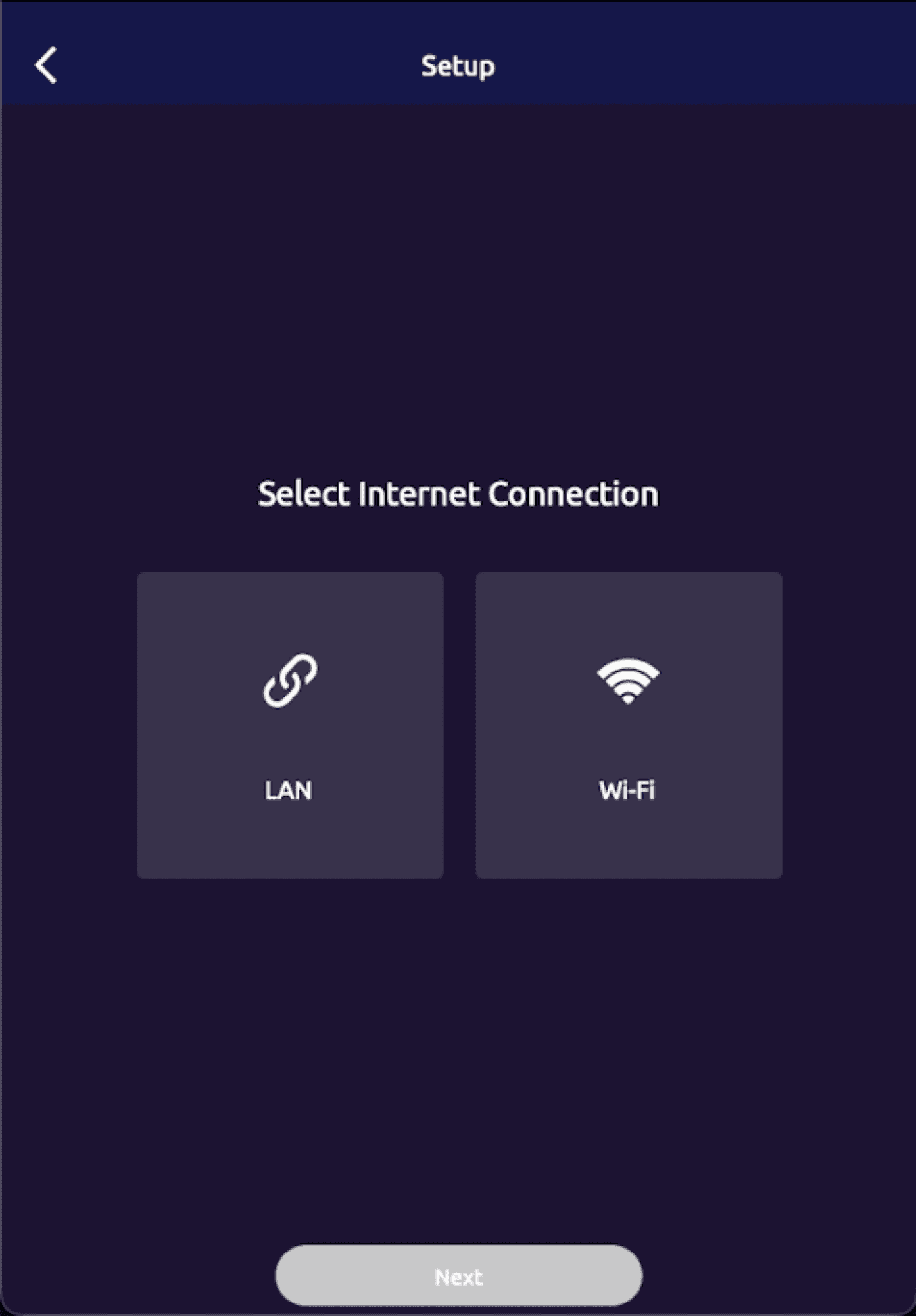 MESHLE app screen choosing between LAN and Wi-Fi network type for the gateway